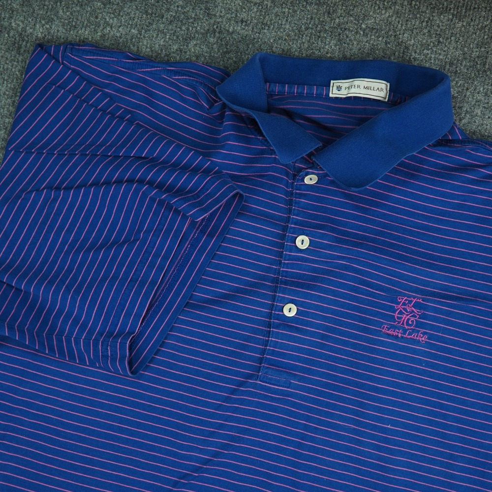 East Lake Golf Club Polo Mens Large Peter Millar Blue Pink Striped Preppy Sport
